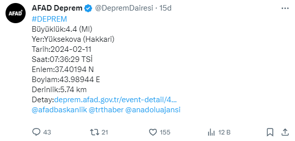 Hakkari'de 4.4 büyüklüğünde deprem!