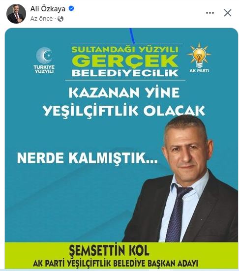 AK Parti Milletvekili Ali Özkaya, Sultandağı Çiftli Köy Belde Başkan Adayı Şemsettin Kol'un Afişini Paylaşarak "Nerede Kalmıştık?" Dedi