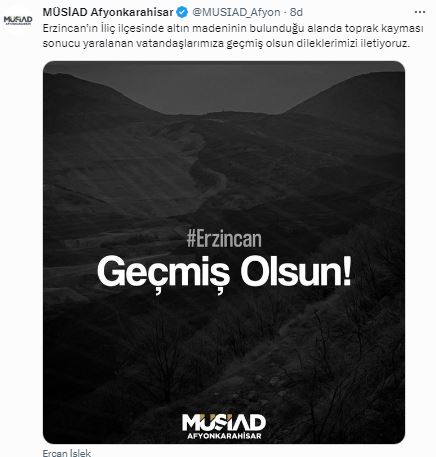 MÜSİAD Afyon'dan Erzincan'a Geçmiş Olsun Paylaşımı