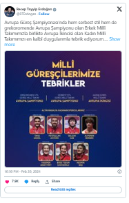 Cumhurbaşkanı Erdoğan'dan Milli Güreşçilere Tebrik
