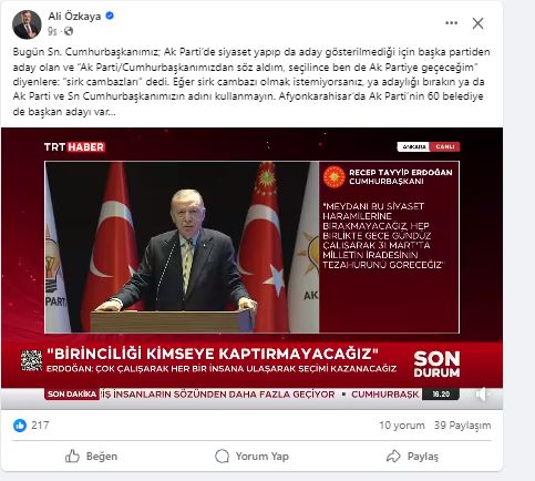 ÖZKAYA SEÇİM SONRASI İÇİN PLAN YAPANLARI UYARDI:"60 BELEDİYE'DEDE BAŞKAN ADAYI VAR"