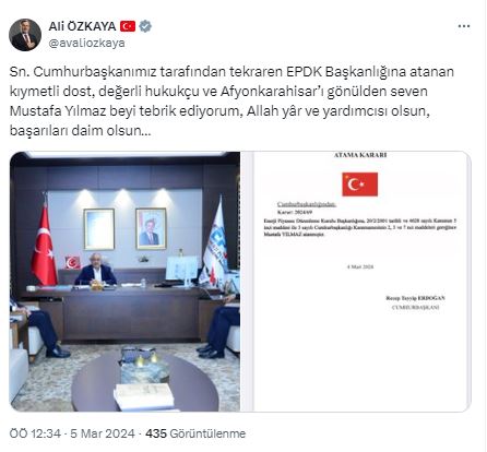 ÖZKAYA YILMAZ'I TEBRİK ETTİ