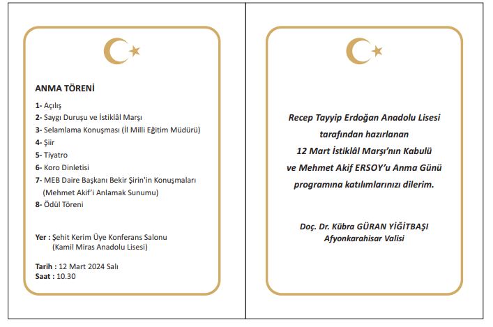 Afyon'da istiklal Marşı'nın Kabulü Dolayısıyla Program Düzenlenecek
