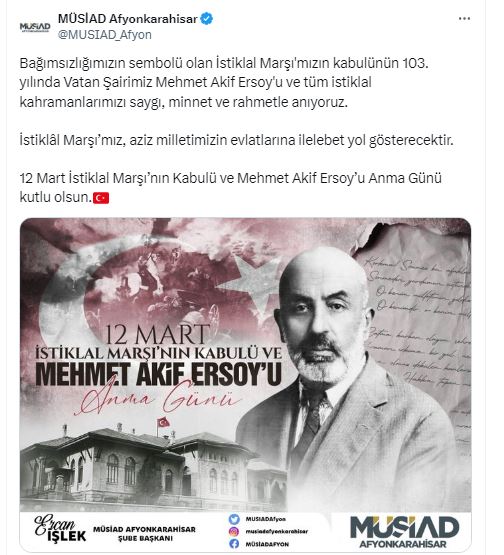 MÜSİAD Afyon'dan İstiklal Marşı'nın Kabulü Dolayısıyla Paylaşım Yapıldı