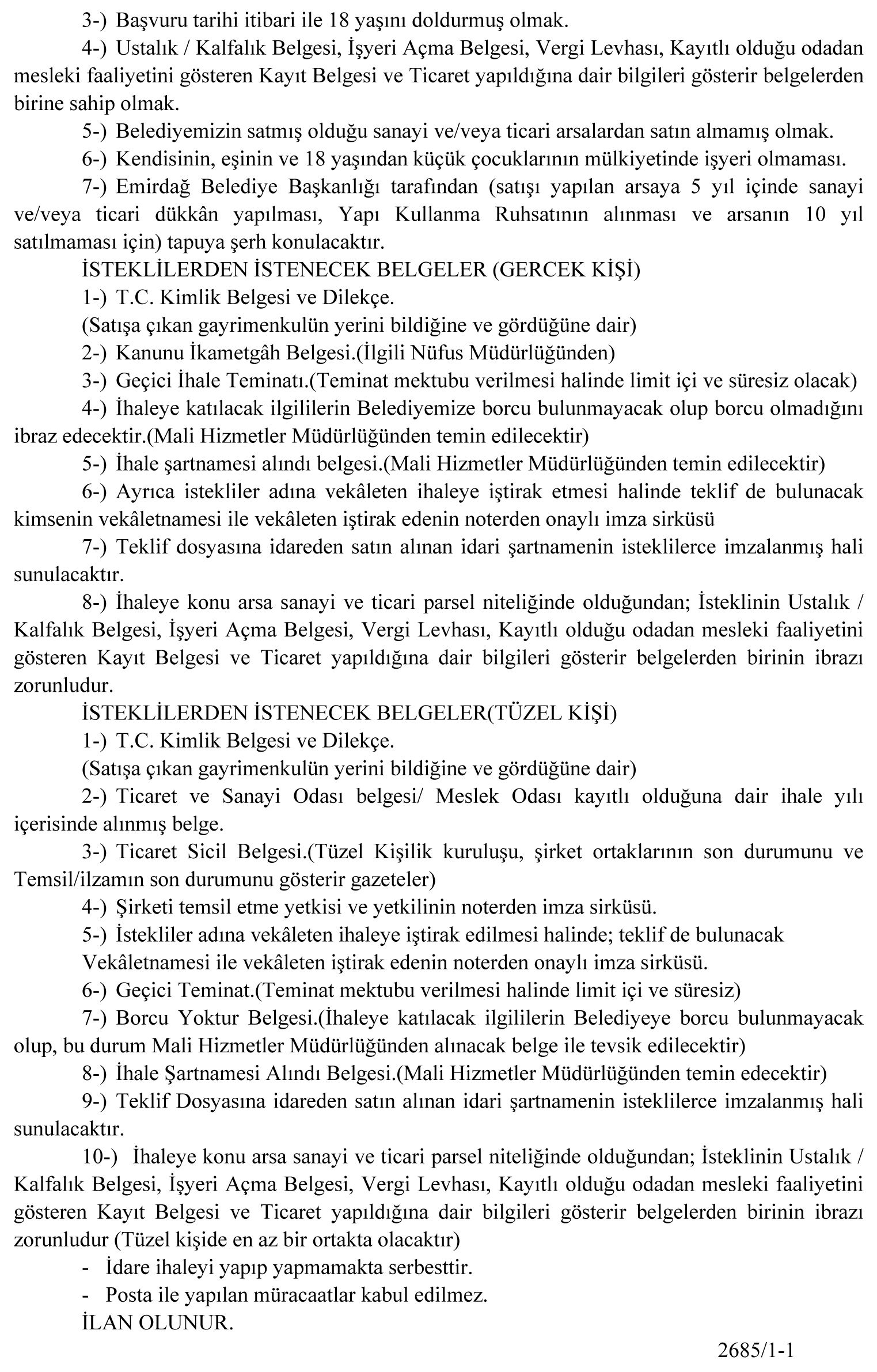 EMİRDAĞ BELEDİYESİ İHALEYE ÇIKIYOR