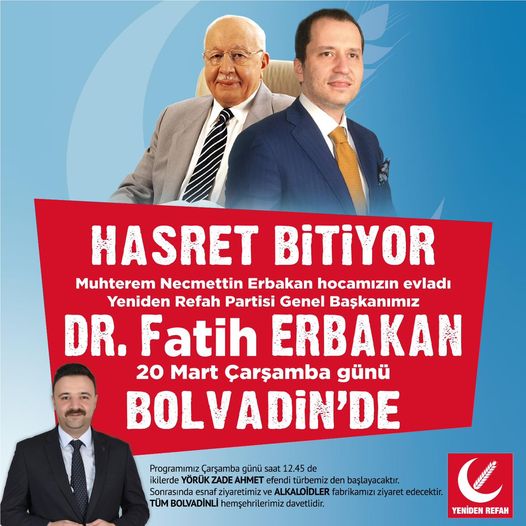 REFAH PARTİSİ LİDERİ FATİH ERBAKAN, AFYON'A GELİYOR