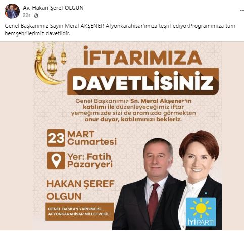 MERAL AKŞENER, BUGÜN AFYONKARAHİSARLILARLA BULUŞUYOR