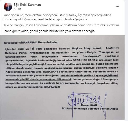 Başkan Karaman'dan İyi Partili İnan'a Teşekkür
