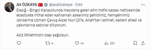 ÖZKAYA'DAN ŞEHİT ALPER NURİ ÇİL İÇİN BAŞSAĞLIĞI MESAJI