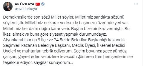 ÖZKAYA, "MİLLETİMİZ BUGÜN BİZE BİR İKAZ VERMİŞTİR"