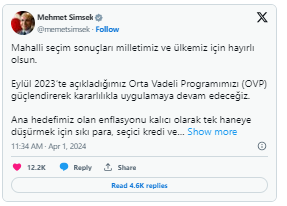 Bakan Şimşek'ten Seçim Sonrası Açıklama