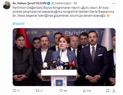 OLGUN İYİ PARTİ'NİN KONGRE KARARINI SOSYAL MEDYADAN DUYURDU