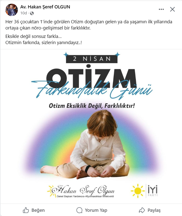 Milletvekili Olgun'dan Otizm Farkındalığı Paylaşımı: "Eksikle Değil Sonsuz Farkla..."