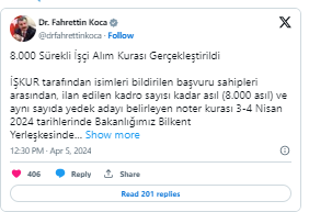 8 Bin Sürekli İşçi Alım Kurası Gerçekleştirdi