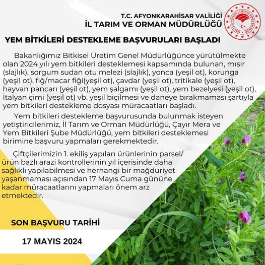 YEM BİTKİLERİ DESTEKLEME BAŞVURUSU BAŞLADI