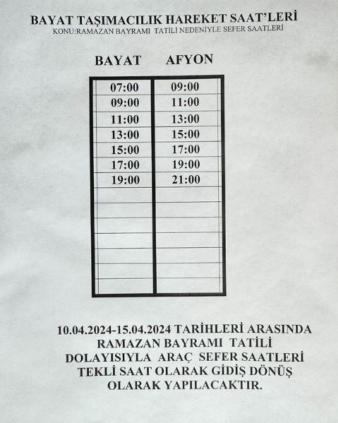 Bayat Belediyesi Duyurdu Otobüs Saatleri Değişti