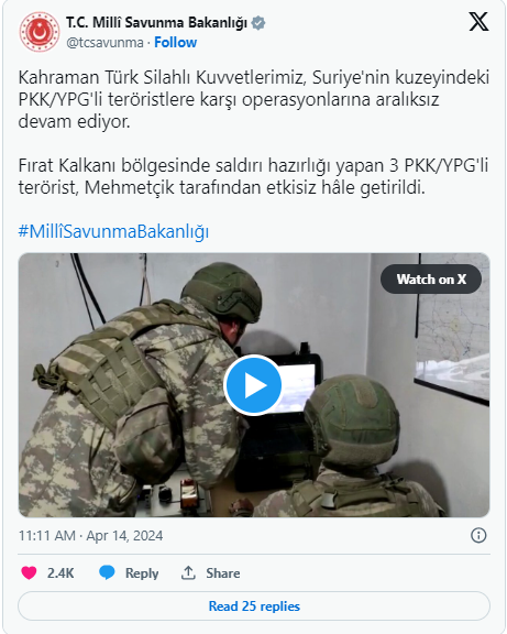 Suriye'nin Kuzeyinde 3 PKK/YPG'li Terörist Etkisiz Hale Getirildi
