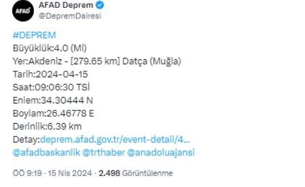 Muğla'nın Datça ilçesinde 4 büyüklüğünde bir deprem meydana geldi