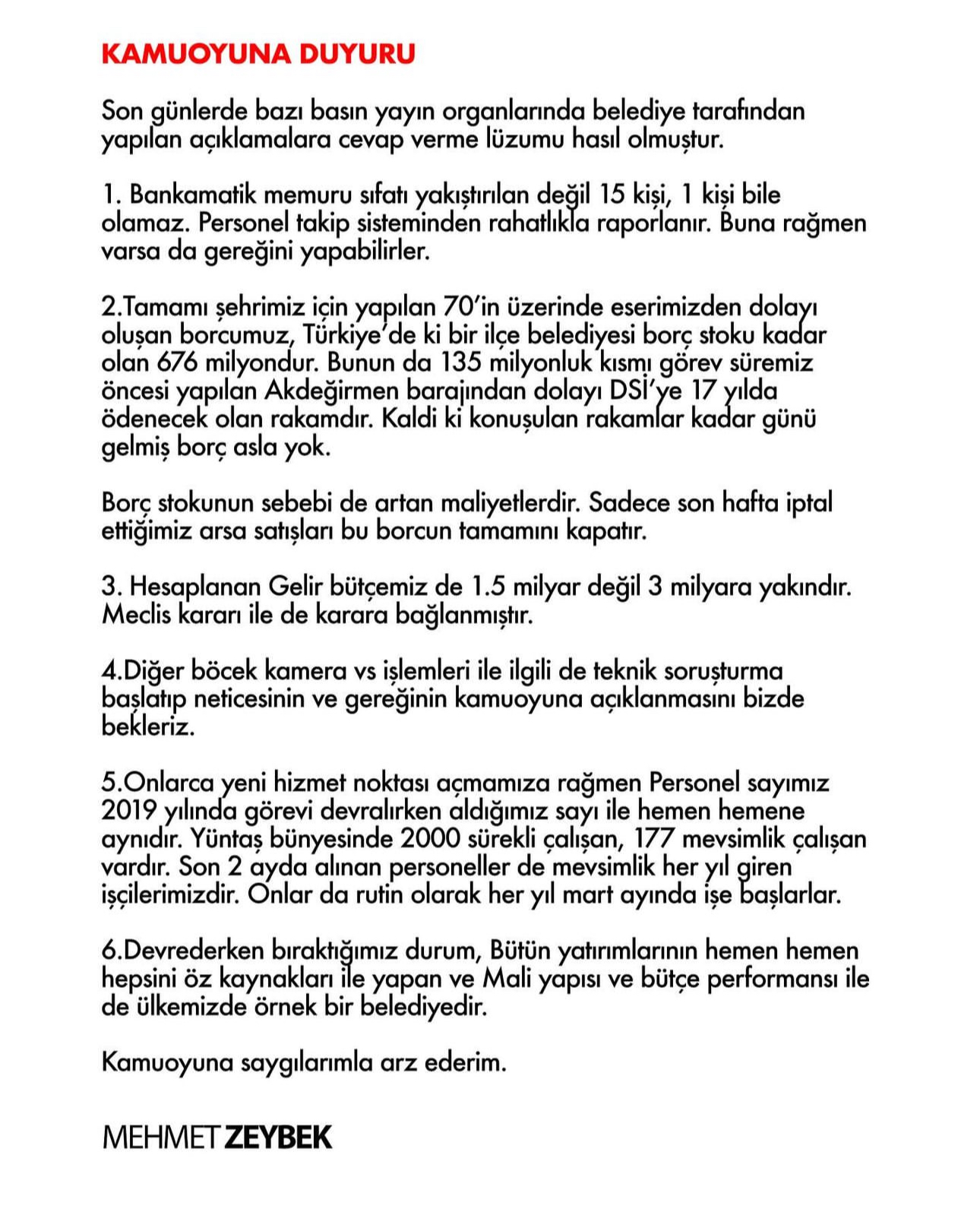 ESKİ BAŞKAN MEHMET ZEYBEKTEN BELEDİYE AÇIKLAMASI