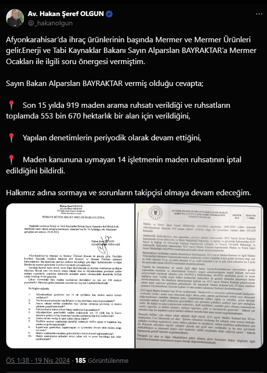 Olgun'un Mermer Ocaklarıyla İlgili Soru Önergesine  Bakan Bayraktar'dan Açıklama