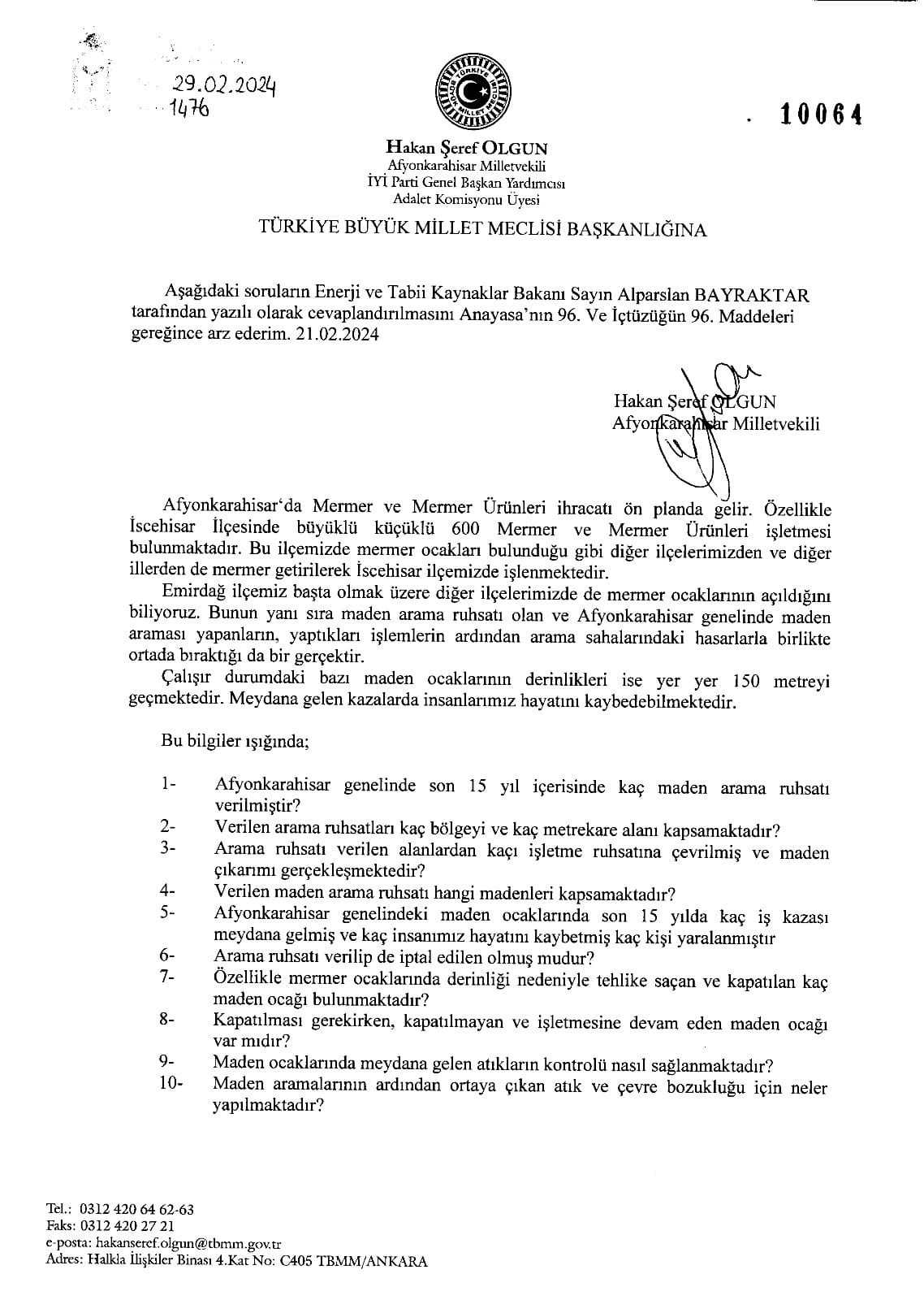Olgun'un Mermer Ocaklarıyla İlgili Soru Önergesine  Bakan Bayraktar'dan Açıklama