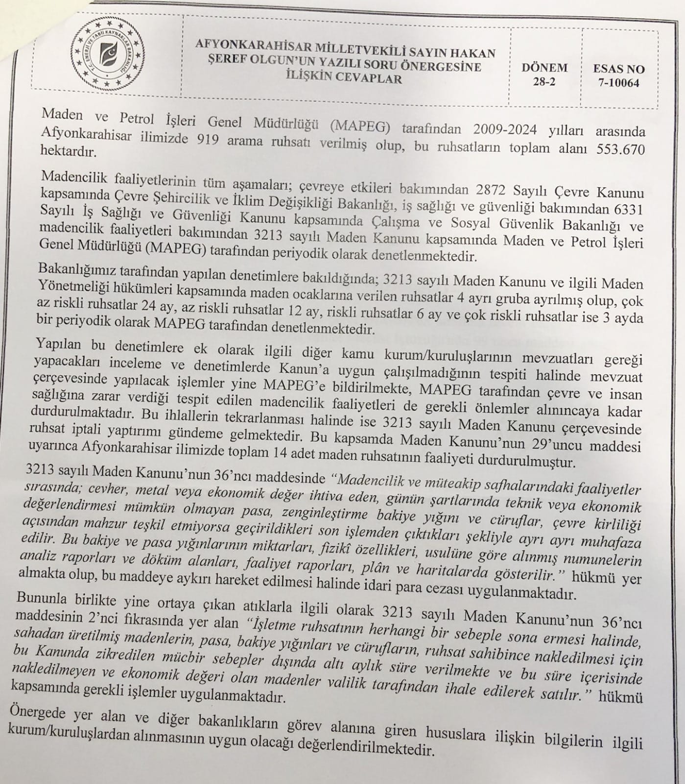 Olgun'un Mermer Ocaklarıyla İlgili Soru Önergesine  Bakan Bayraktar'dan Açıklama