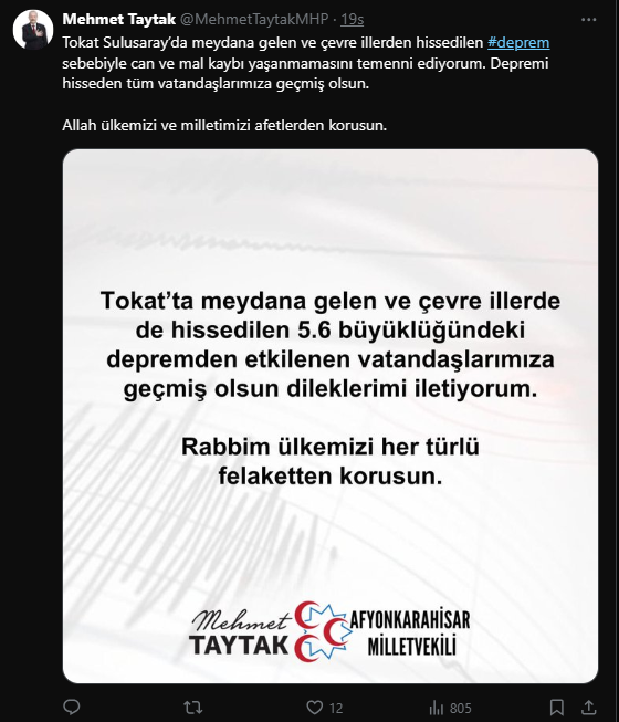 Milletvekili Taytak'tan Tokat Depremine Yönelik Paylaşım