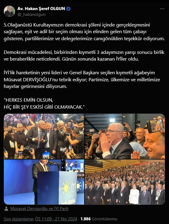 İYİ Parti Olağanüstü Kurultayında Demokrasi Şöleni: Hakan Şeref Olgun'dan Önemli Sosyal Medya Paylaşımı