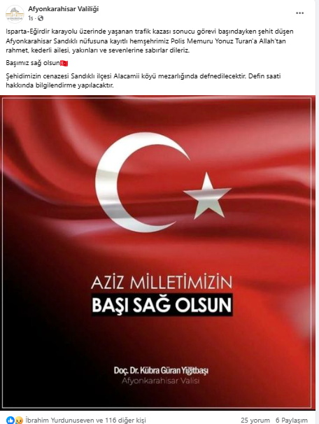 Vali Yiğitbaşı'ndan Taziye Mesajı Şehidin Yakınlarına Baş Sağlığı Diledi