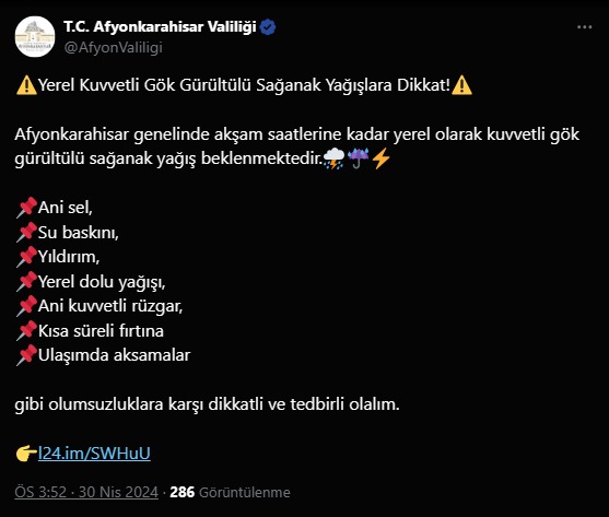 Meteorolojiden Afyonkarahisar İçin Sarı Uyarı