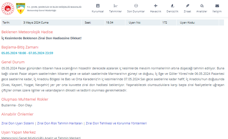 Meteoroloji Uyardı! Afyonkarahisar İçin Zirai Don Uyarısı