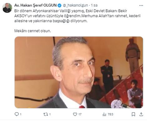 OLGUN  BAKAN AKSOY İÇİN TAZİYE MESAJI YAYINLADI