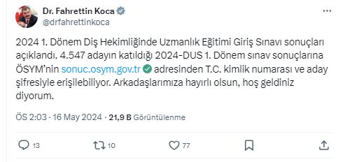 BAKAN KOCA: 2024 1. DÖNEM DİŞ HEKİMLİĞİNDE UZMANLIK EĞİTİMİ GİRİŞ SINAVI SONUÇLARI AÇIKLANDI