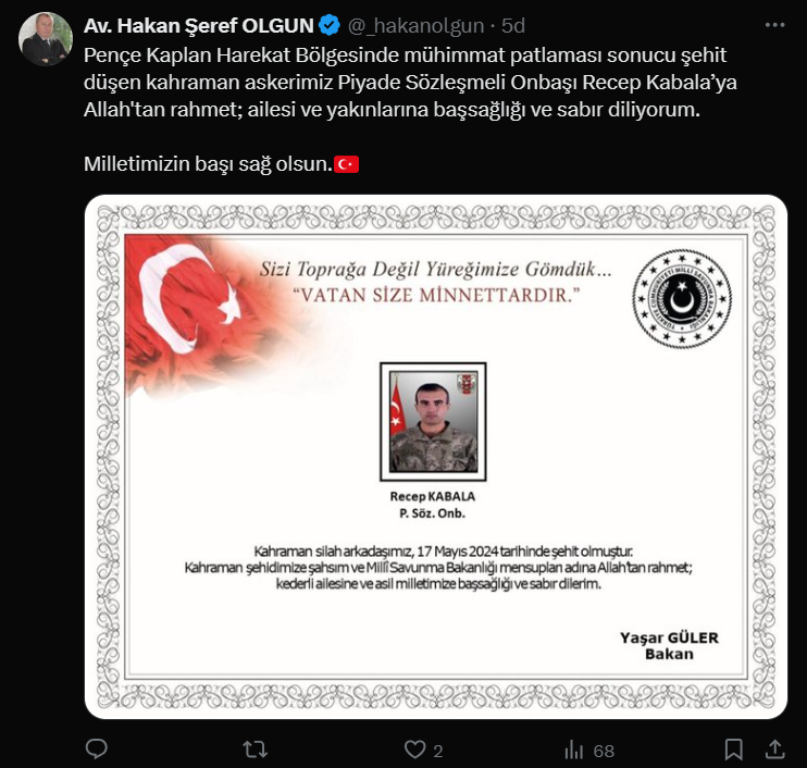 Milletvekili Olgun'dan Şehit Onbaşı Recep Kabala İçin Paylaşım: "Milletimizin Başı Sağ Olsun"