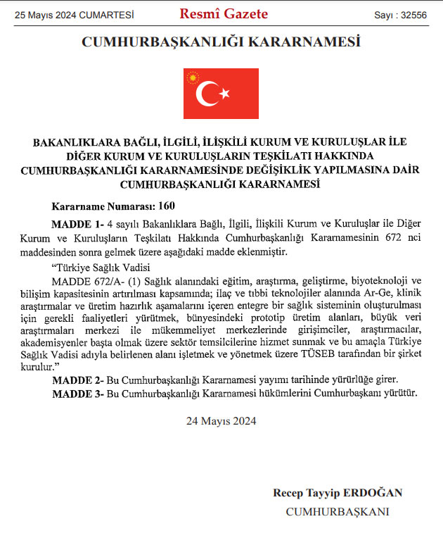 Türkiye Sağlık Vadisi'nin Kuruluşuna Dair Kararname Resmi Gazete'de