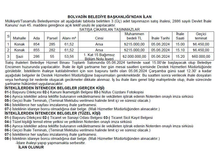 Bolvadin Belediye Başkanlığı’ndan İlan