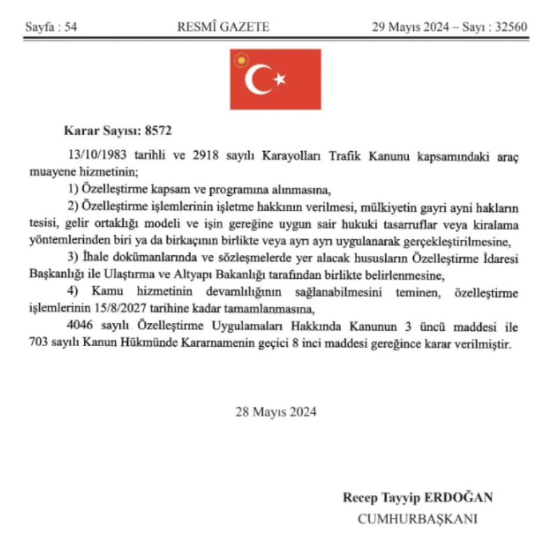ARAÇ MUAYENE HİZMETLERİ ÖZELLEŞTİRME KAPSAMINA ALINDI
