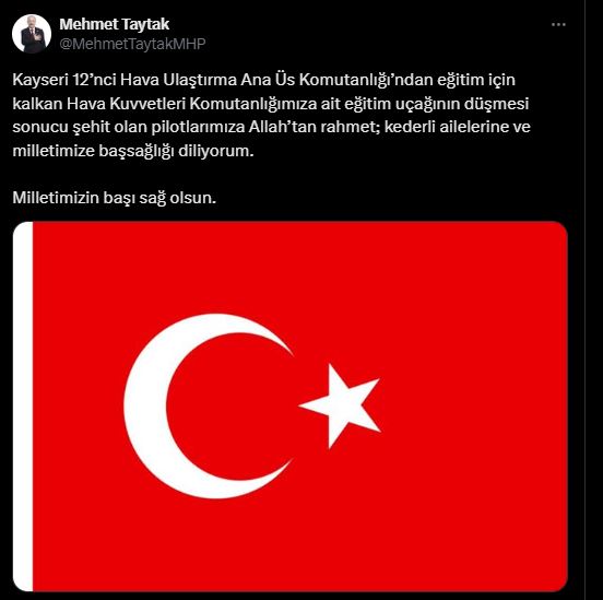 "ŞEHİT OLAN PİLOTLARIMIZA RAHMET KEDERLİ AİLELERİ VE MİLLETİMİZE BAŞSAĞLIĞI DİLİYORUM"