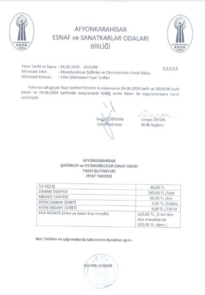 AFYON'DA TAKSİ'YE  DEV ZAM  KISA MESAFE ÜCRETİ NE KADAR OLDU?