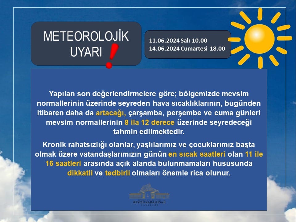 Afyonkarahisar Valiliğinden Uyarı!  Bu Saatlerde Dışarıya Çıkmayın