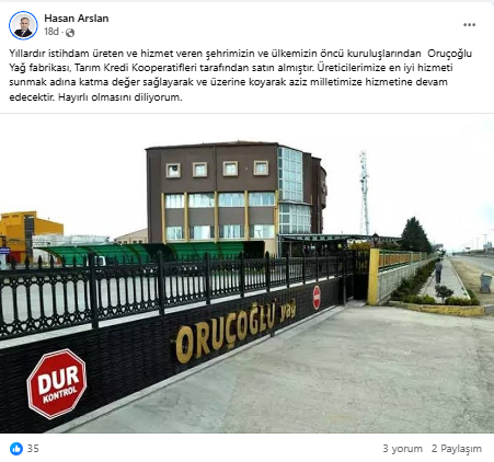 Tarım Kredi Kooperatifleri Oruçoğlu Yağ Sanayisini Satın Aldı