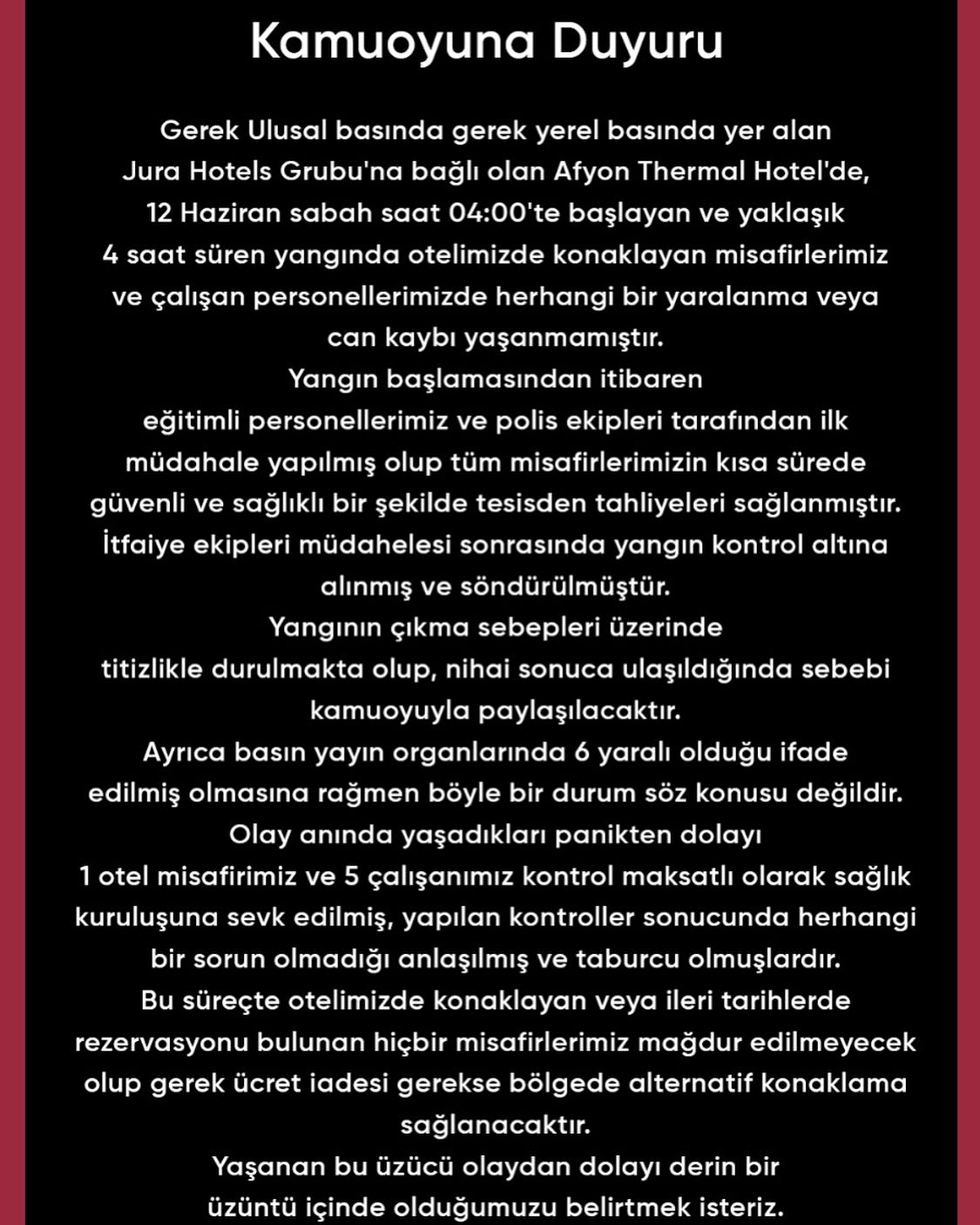 Korkutan Yangın Sonrası Otel Yönetiminden Yazılı Basın Açıklaması Yapıldı
