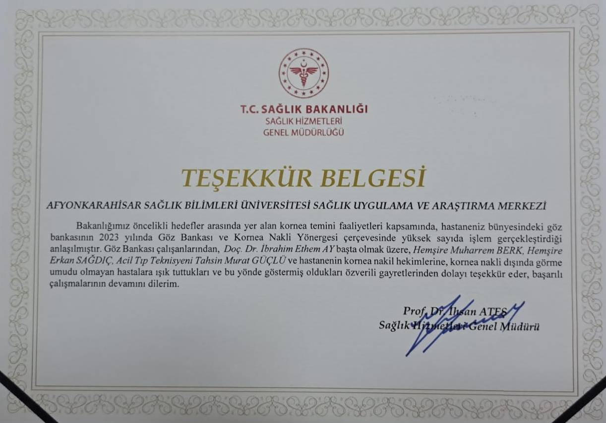 Sağlık Bakanlığından SUAM Göz Bankasına Teşekkür Belgesi