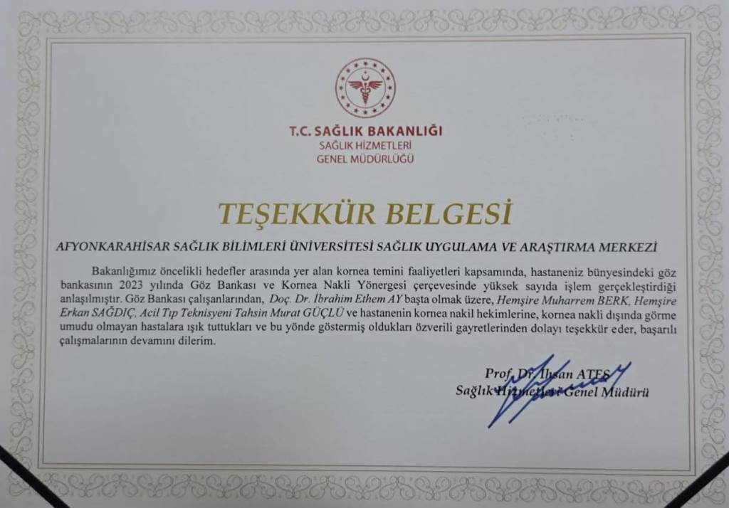 SUAM GÖZ BANKASINA TEŞEKKÜR BELGESİ