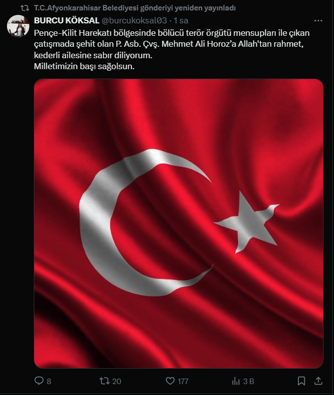 Afyonkarahisar Belediye Başkanı Burcu Köksal, Şehit P. Asb. Çvş. Mehmet Ali Horoz için Taziye Mesajı Yayınladı