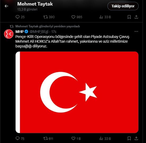 TAYTAK ŞEHİT ASKERİMİZ İÇİN TAZİYE MESAJI YAYINLADI