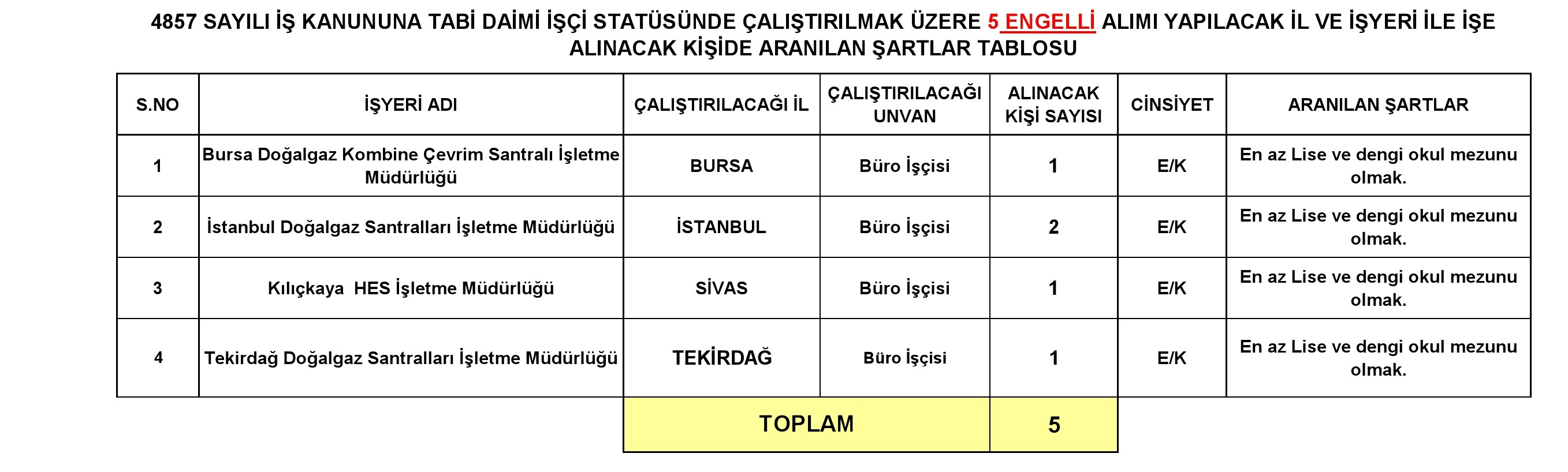 Elektrik Üretim Aş. Genel Müdürlüğü 251 İşçi Alacak