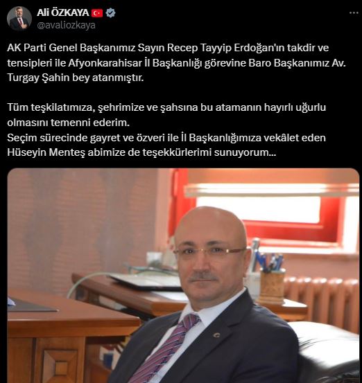 ÖZKAYA YENİ İL BAŞKANI ŞAHİN'İ TEBRİK ETTİ