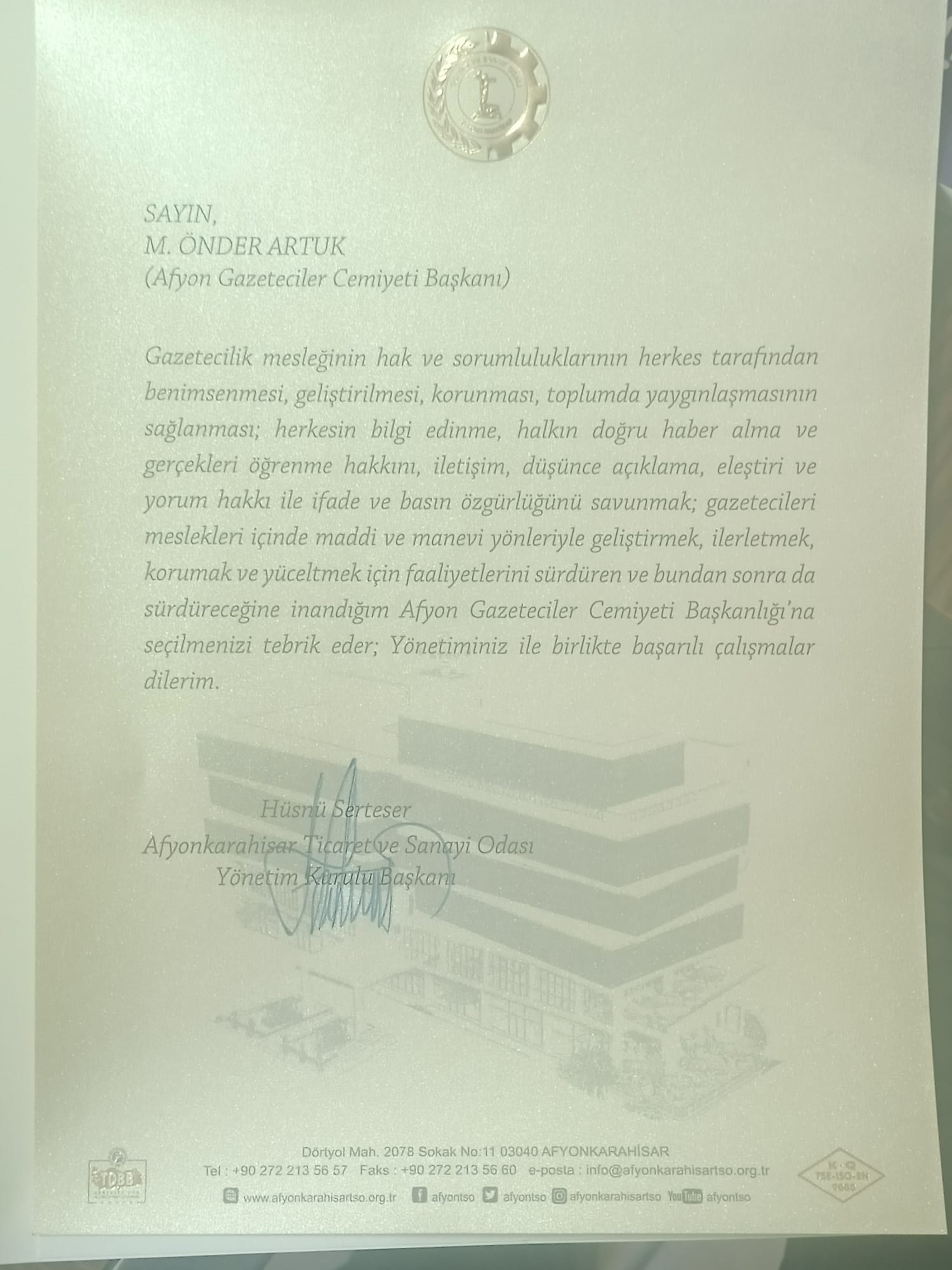 ATSO Başkanı Hüsnü Serteser’den Önder Artuk’a Tebrik