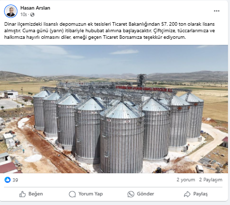 Dinar’da Bulunan Lisanslı Depo Hububat Alımına Başlıyor